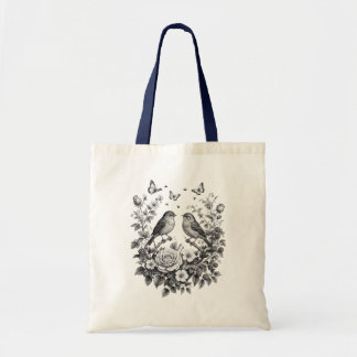 Bolso De Tela Arte de dibujo de corona floral de pájaro vintage