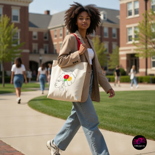 Bolso De Tela Arte de línea de mujer negra con flores en el pañu