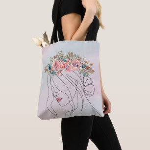 Bolso De Tela Arte de línea floral mujer con corona de flores de