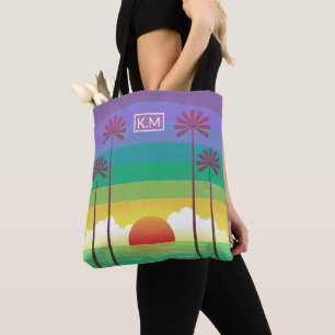Bolso De Tela Arte de monograma de palmeras de puesta de sol púr