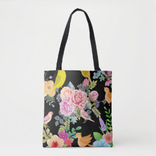 Bolso De Tela Arte de pájaros y flores coloridos vibrantes sobre