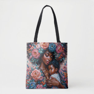 Bolso De Tela Arte de retrato floral de madre negra e hijo