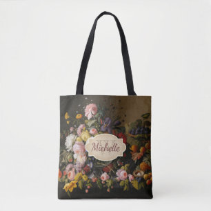 Bolso De Tela Arte de Rosa Floral Vintage Monograma y Nombre