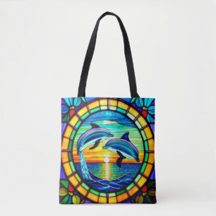 Bolso De Tela Arte de vidrio teñido con delfines saltando al ata