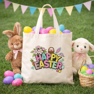 Bolso De Tela Arte divertido de Pascua con orejas de conejo y fl