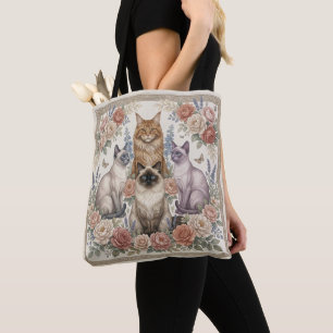 Bolso De Tela Arte Felino Floral Ornamental Victoriano Vintage