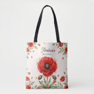 Bolso De Tela Arte femenino de monograma floral de amapola roja
