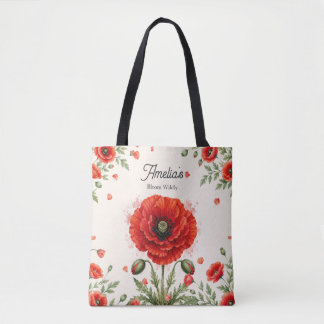 Bolso De Tela Arte femenino de monograma floral de amapola roja