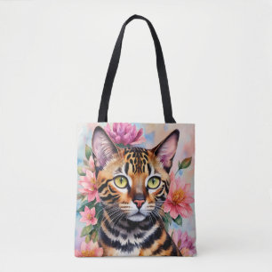 Bolso De Tela Arte floral de acuarela de gato bengalí