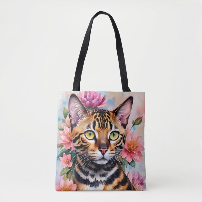 Bolso De Tela Arte floral de acuarela de gato bengalí (Anverso)
