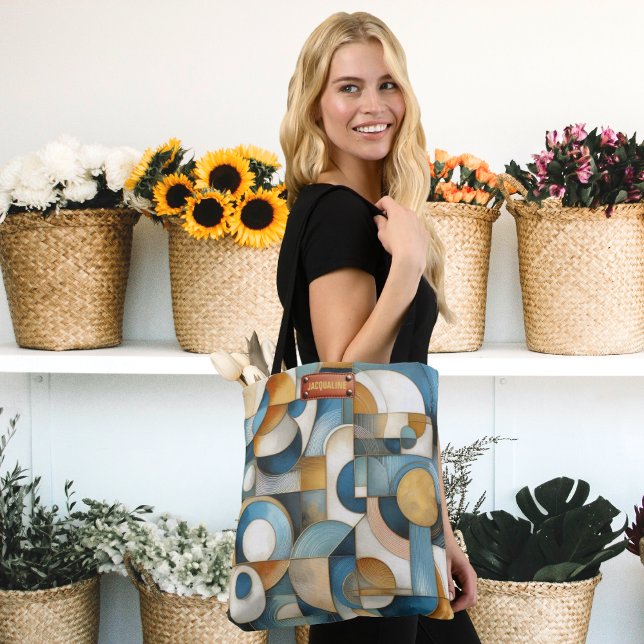 Bolso De Tela Arte geométrico abstracto de oro blanco azul (Abstract art design tote bag, with name tag area, in-situ.)