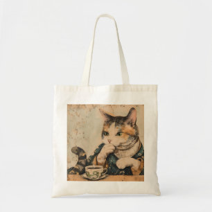 Bolso De Tela Arte japonés vintage lindo gato con una taza de té