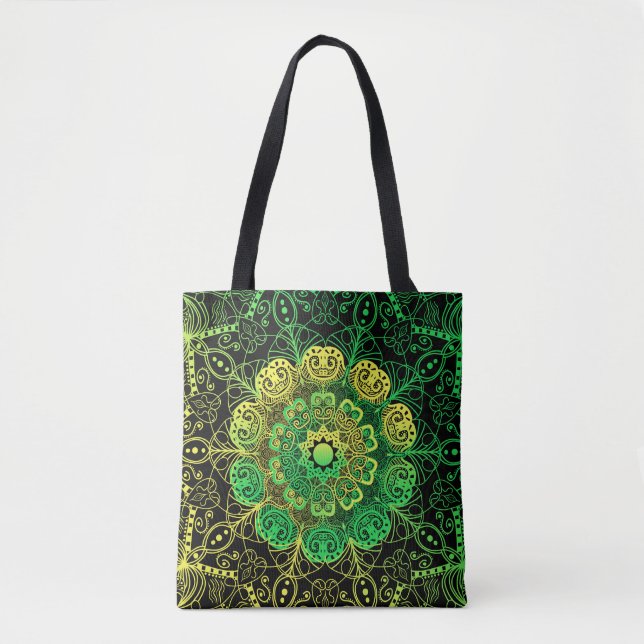 Bolso De Tela Arte Mandala: Detalle amarillo verde. (Anverso)