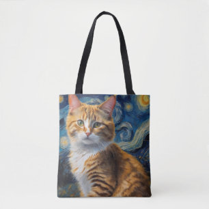 Bolso De Tela Arte nocturno estrellado con un gato