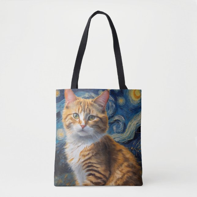 Bolso De Tela Arte nocturno estrellado con un gato (Anverso)