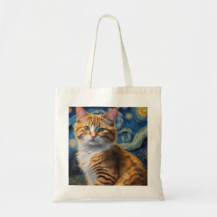 Bolso De Tela Arte nocturno estrellado con un gato