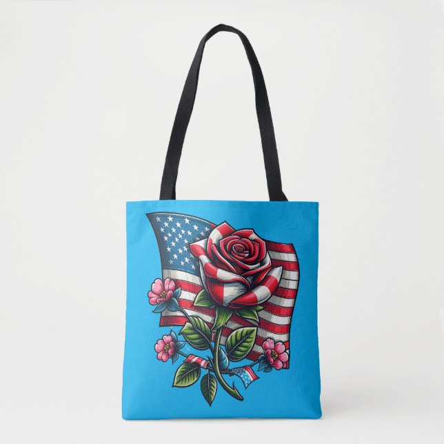 Bolso De Tela Arte patriótico de rosa de bandera estadounidense (Anverso)