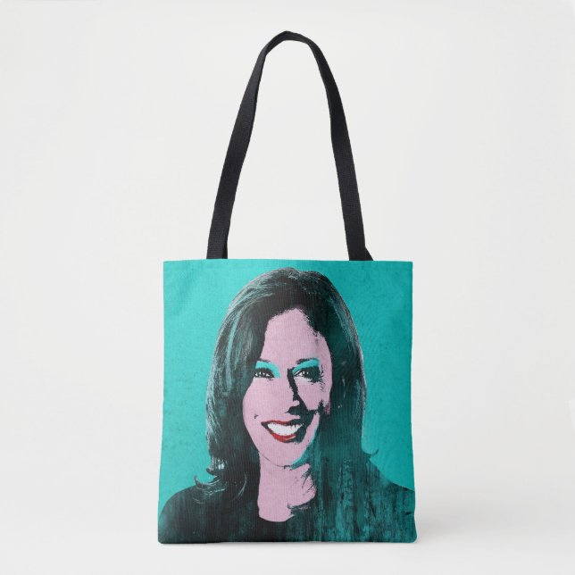 Bolso De Tela Arte pop verde azulado Kamala Harris (Anverso)