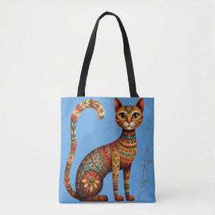 Bolso De Tela Arte Popular Boho Tribal Gato Lindo con Flores