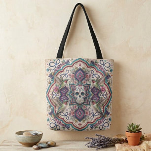 Bolso De Tela Arte Popular de Cráneo de Azúcar Boho 