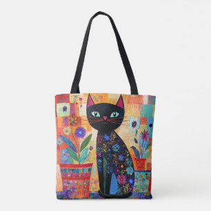 Bolso De Tela Arte popular de gato negro (plantas en macetas)