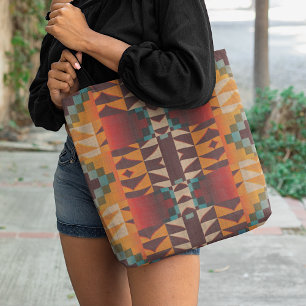 Bolso De Tela Arte Tribal Azul Teal Rojo Marrón Naranja Patrón