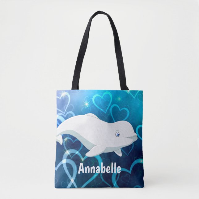 Bolso De Tela Artico Beluga de ballena y corazón azul personaliz (Anverso)