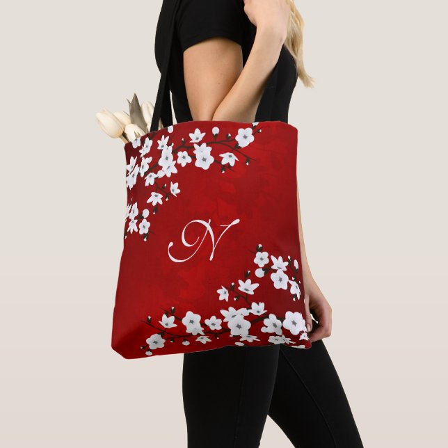 Bolso De Tela Asia Floral Red White Cherry Blossom Monograma (Detalle)