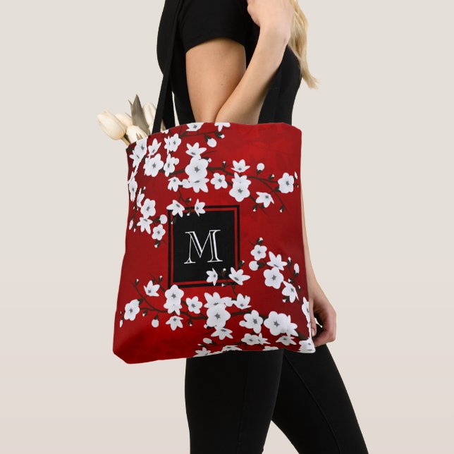 Bolso De Tela Asia Floral Red White Cherry Blossom Monograma (Detalle)