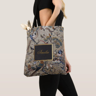 Bolso De Tela Asiático,antiguo,seda,pintura,naturaleza,aves,vin