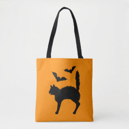 Bolso De Tela Asombrado Naranja De Gato De Halloween Y Bats Silh