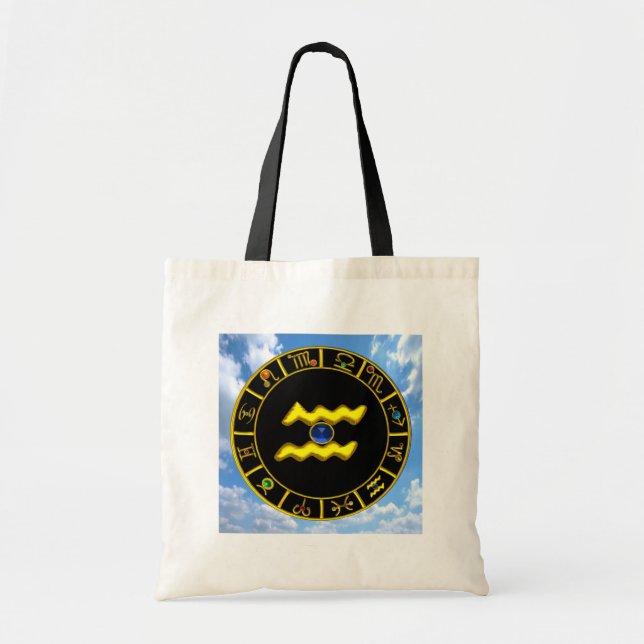 Bolso De Tela Astrología AQUARIUS/ORO ZODIAC CUMPLEAÑOS JEWEL (Frente)