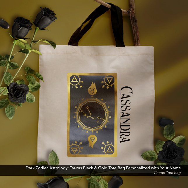 Bolso De Tela Astrología zodiaca oscura: Nombre dorado negro Tau (Dark Zodiac Astrology: Taurus Black Gold Name Tote Bag)