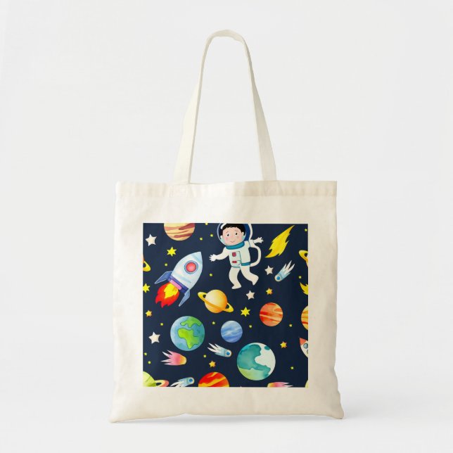 Bolso De Tela Astronaut in Space Planets and Rockets Pattern (Frente)