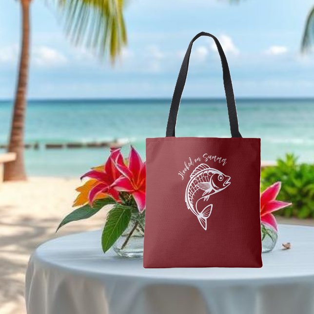 Bolso De Tela Atado de pescado en rojo verano oscuro cerezo (Fish Hooked on Summer Fisherman Core Beach Tote-dark cherry red)