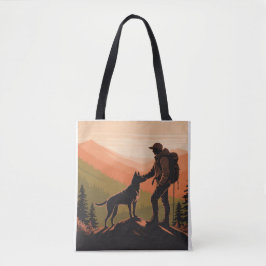 Bolso De Tela Atardecer en la montaña con excursionista y perro 