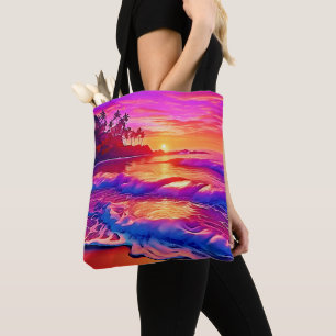 Bolso De Tela Atardecer tropical: arte reluciente en la playa
