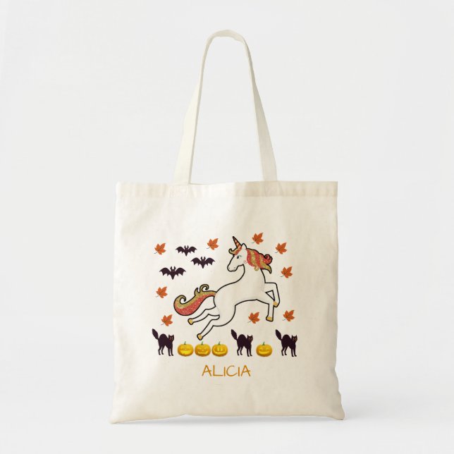Bolso De Tela Aterrador lindo Halloween Unicorn Calabazas de uni (Frente)