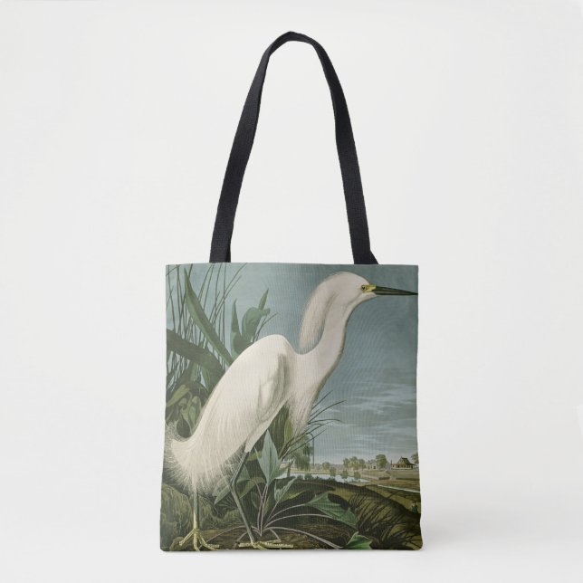 Bolso De Tela Audubon Snowy Heron White Egret Bird Birding (Anverso)