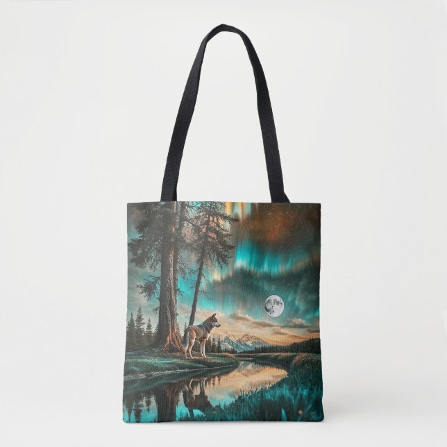 Bolso De Tela Aurora Borealis 2 Wolf Design (Anverso)