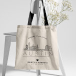 Bolso De Tela Austin Boda | Línea delgada estilizada<br><div class="desc">Un boda único con una bolsa de té para un boda que tiene lugar en la ciudad de Austin. Este tote cuenta con un ilustracion estilizado del paisaje único de la ciudad, con su nombre debajo. A esto le sigue la información del día de la boda en un estilo de...</div>