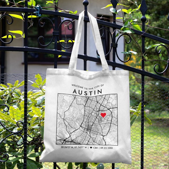 Bolso De Tela Austin Love Locator | Bienvenida al Boda de mapas  (The more complete visual of what your final Austin Map tote bag would look like in real life.)