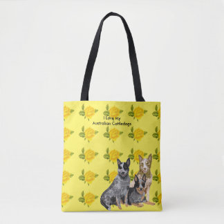 Bolso De Tela Australiano Cattledog y rosas amarillos