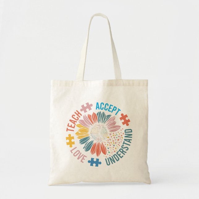 Bolso De Tela Autism Awareness Sunflower "Teach Love Accept" (Frente)