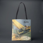 Bolso De Tela Auto convertible de vintage Science Ficción Steamp<br><div class="desc">Fácil de personalizar en la bolsa de tote, ¡sólo agrega tu nombre! Ilustracion Vintage Victoriano futurista viajes y transporte ciencia ficción diseño de punk de vapor con un auto convertible volador con alas. El chófer está a punto de aterrizar su coche futurista (o es un avión) en la tienda de...</div>