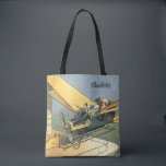 Bolso De Tela Auto convertible de vintage Science Ficción Steamp<br><div class="desc">Fácil de personalizar en la bolsa de tote, ¡sólo agrega tu nombre! Ilustracion Vintage Victoriano futurista viajes y transporte ciencia ficción diseño de punk de vapor con un auto convertible volador con alas. El chófer está a punto de aterrizar su coche futurista (o es un avión) en la tienda de...</div>