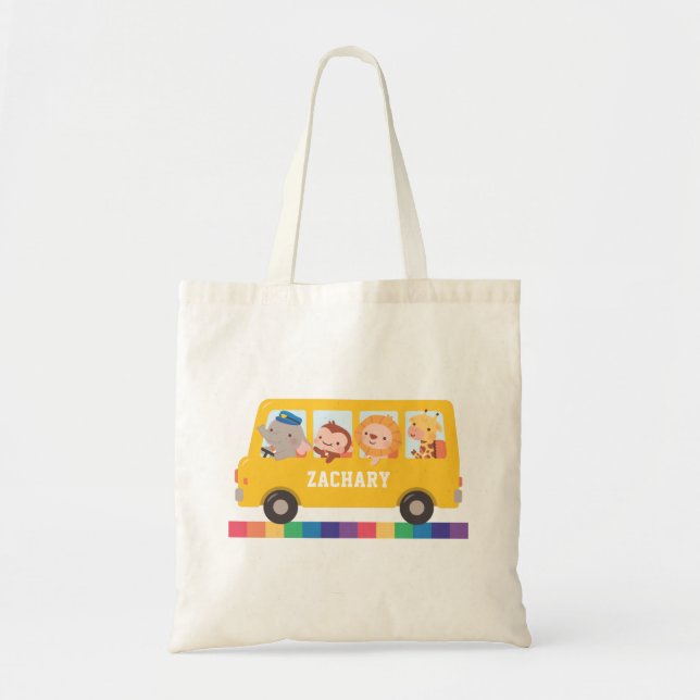 Bolso De Tela Autobús Amarillo Y Animales Cuidados Niños Persona (Frente)