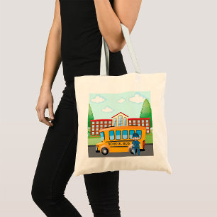 Bolso De Tela Autobús Escolar Amarillo con Conductor y Edificio