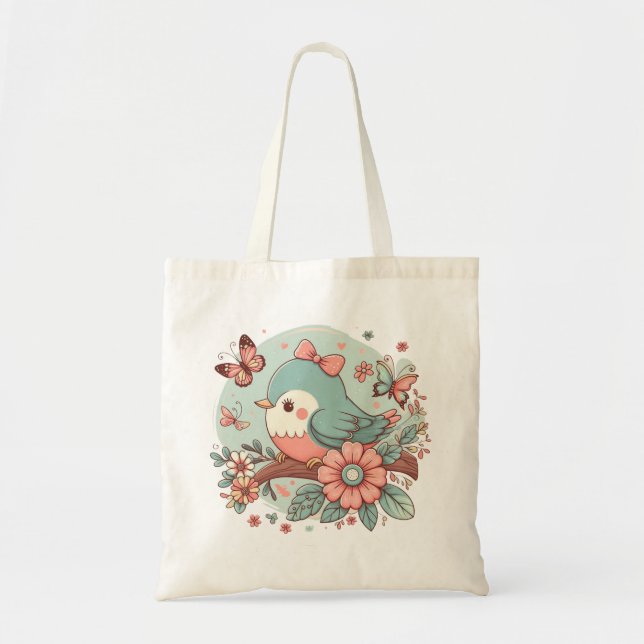 Bolso De Tela Ave azul con flores y mariposa (Frente)