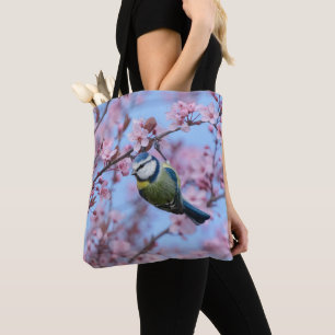 Bolso De Tela Ave azul en flores japonesas de cerezo rosa